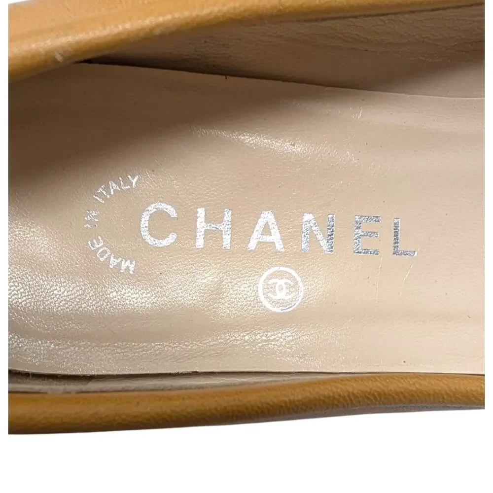 Chanel Vintage Square Toe Ballet Pump CC Logo Beige Black Bow 90s Y2K 8.5 | 9 - Picture 8 of 11